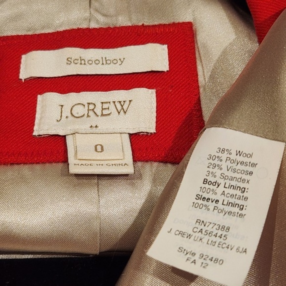 J.Crew Schoolboy Blazer Red Wool Blend Gold Crest Button Jacket Women's Size 0 - Picture 2 of 11